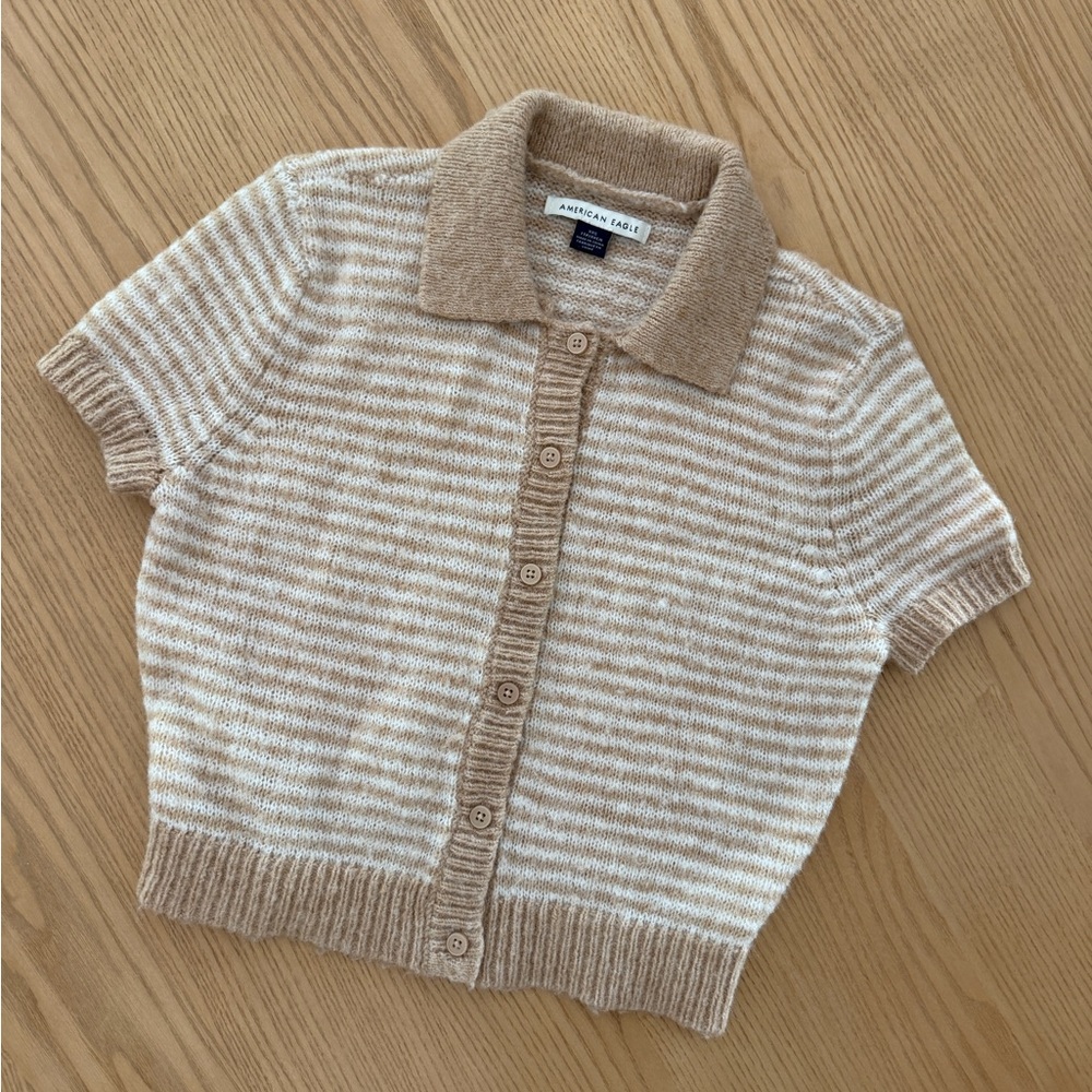 American Eagle Outfitters Beige & Cream Striped Short-Sleeve Polo Cardigan